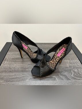 Betsey Johnson Black Satin Peep-Toe Heels with Leopard Insole Accent